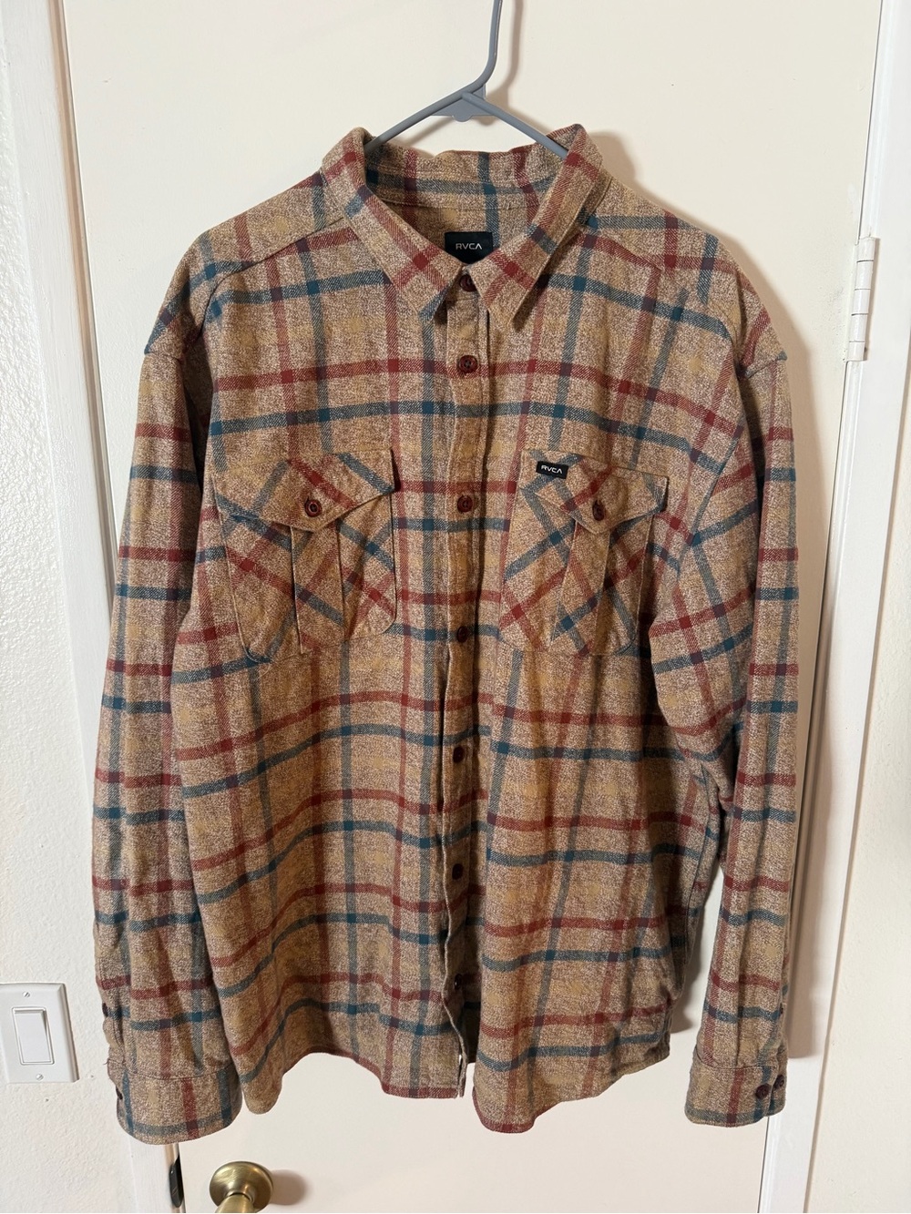 RVCA Tan Plaid Button-Front Shirt Jacket with Red & Blue Stripes